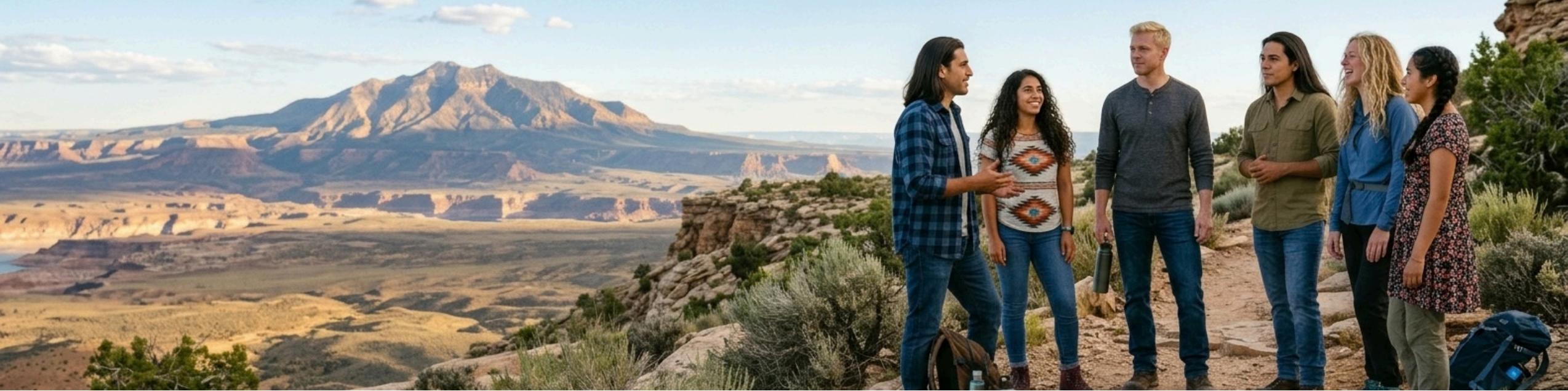 Image of The People standing in front of Navajo Mountain. Rupert Begay, Eileen Atsa, Richard Hickman, Ben Yazzie, Emma Finch and Rose Manyfarms. Photographer is Lavoy Finch. AI generated using prompts by Steve Hawkins