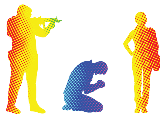Three stylized figures in halftone dot pattern representing the book characters, Mike Wilson, Porter Rockwell, and Lucy Ortiz 